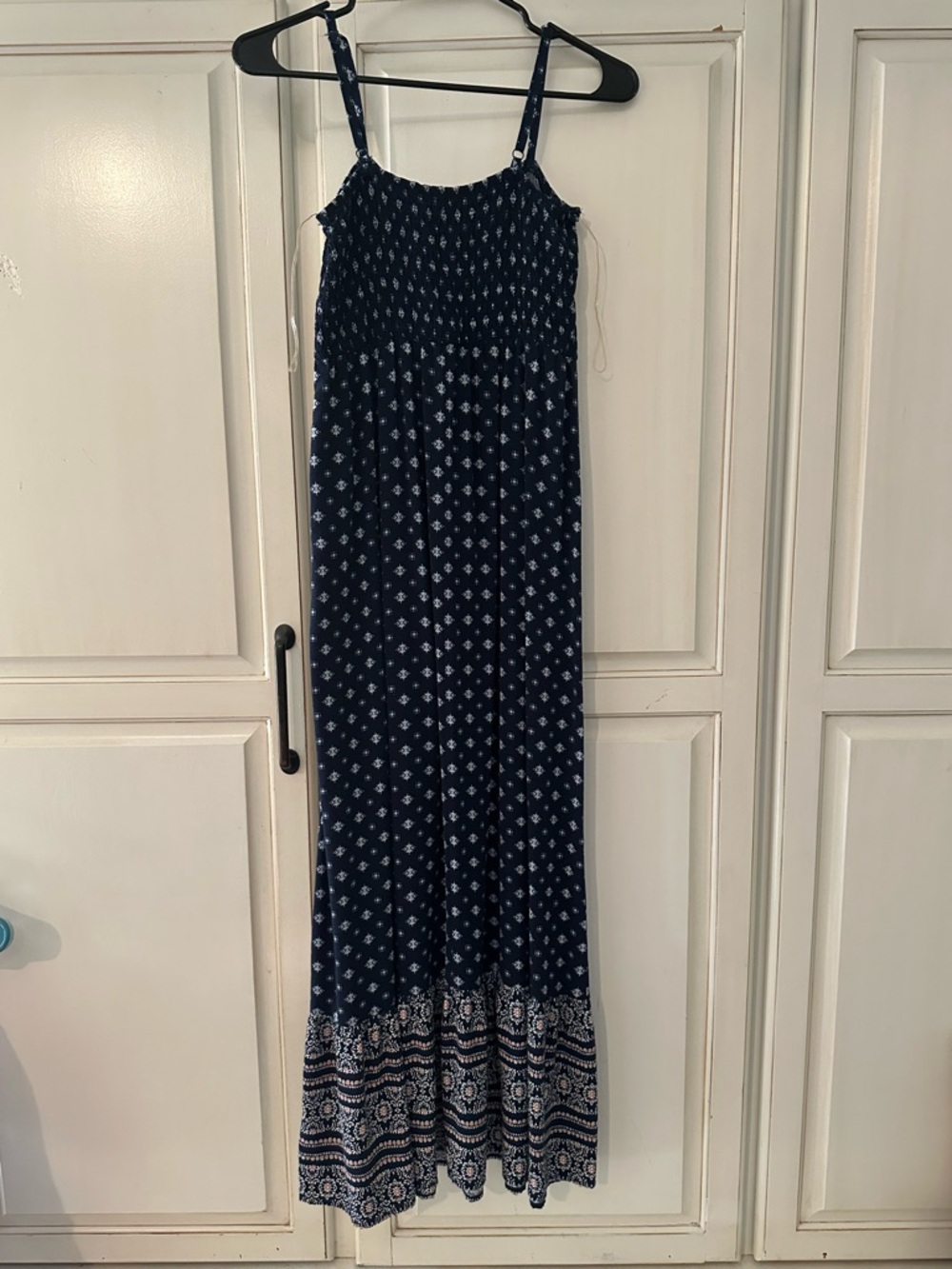 Navy Floral Smocked Maxi Dress with Buttons - Picture 2 of 7